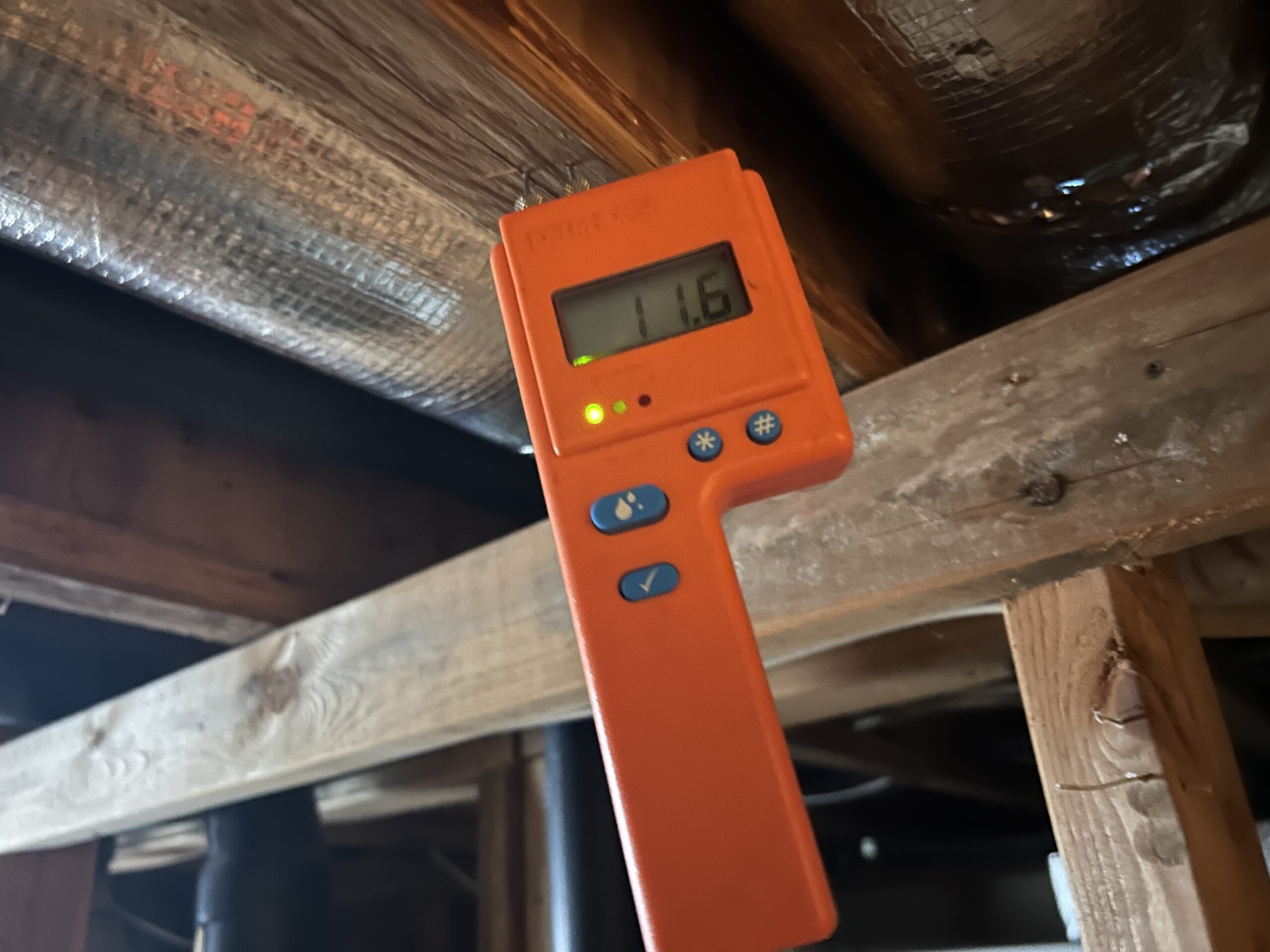 Moisture meter held against floor framing in a crawlspace