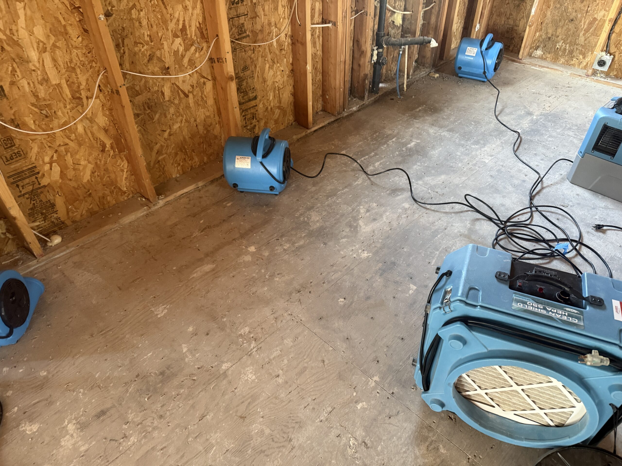 Room stripped to the studs with blue air movers running