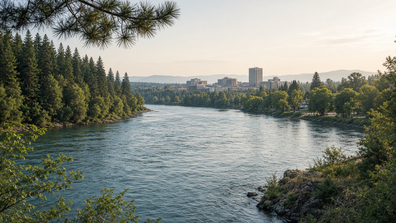Calm Spokane-area river and distant trees in soft light, hopeful recovery landscape. Presence asset; no fire or damage shown.
